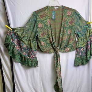 Earthbound Trading Co Floral Tie-Front Blouse in Green